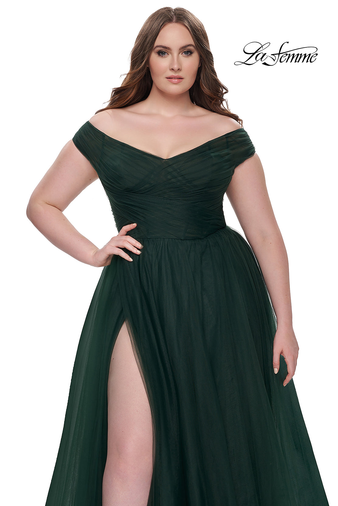 La-Femme-32204-V-Neck-Neckline-Zipper-Back-Ruched-Tulle-A-Line-Dark-Emerald-Evening-Dress-B-Chic-Fashions-Prom-Dress