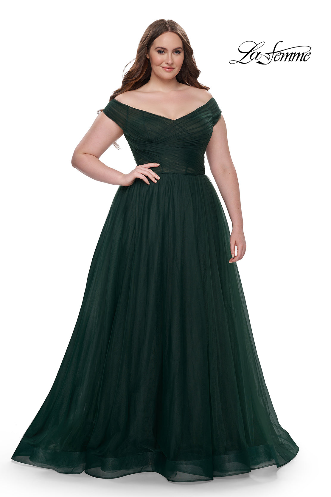 La-Femme-32204-V-Neck-Neckline-Zipper-Back-Ruched-Tulle-A-Line-Dark-Emerald-Evening-Dress-B-Chic-Fashions-Prom-Dress