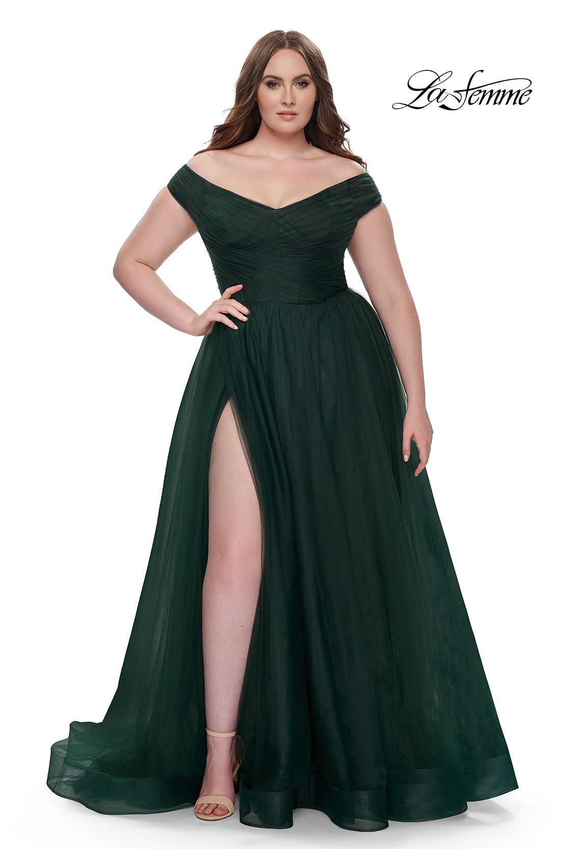 La-Femme-32204-V-Neck-Neckline-Zipper-Back-Ruched-Tulle-A-Line-Dark-Emerald-Evening-Dress-B-Chic-Fashions-Prom-Dress