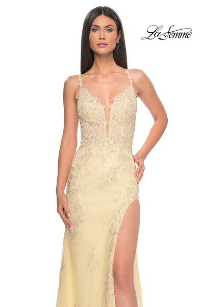 La-Femme-32205-Plunging-Neckline-Criss-Cross-Back-High-Slit-Lace-Tulle-Fitted-Pale-Yellow-Evening-Dress-B-Chic-Fashions-Prom-Dress