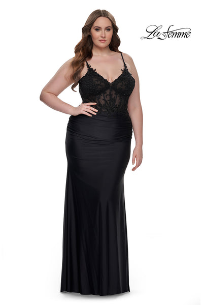 La-Femme-32226-V-Neck-Neckline-Zipper-Back-Corset-Lace-Jersey-Fitted-Black-Evening-Dress-B-Chic-Fashions-Prom-Dress