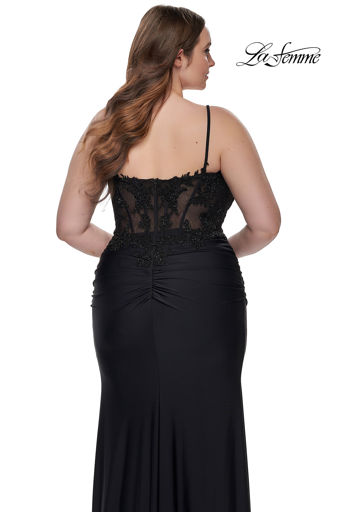 La-Femme-32226-V-Neck-Neckline-Zipper-Back-Corset-Lace-Jersey-Fitted-Black-Evening-Dress-B-Chic-Fashions-Prom-Dress