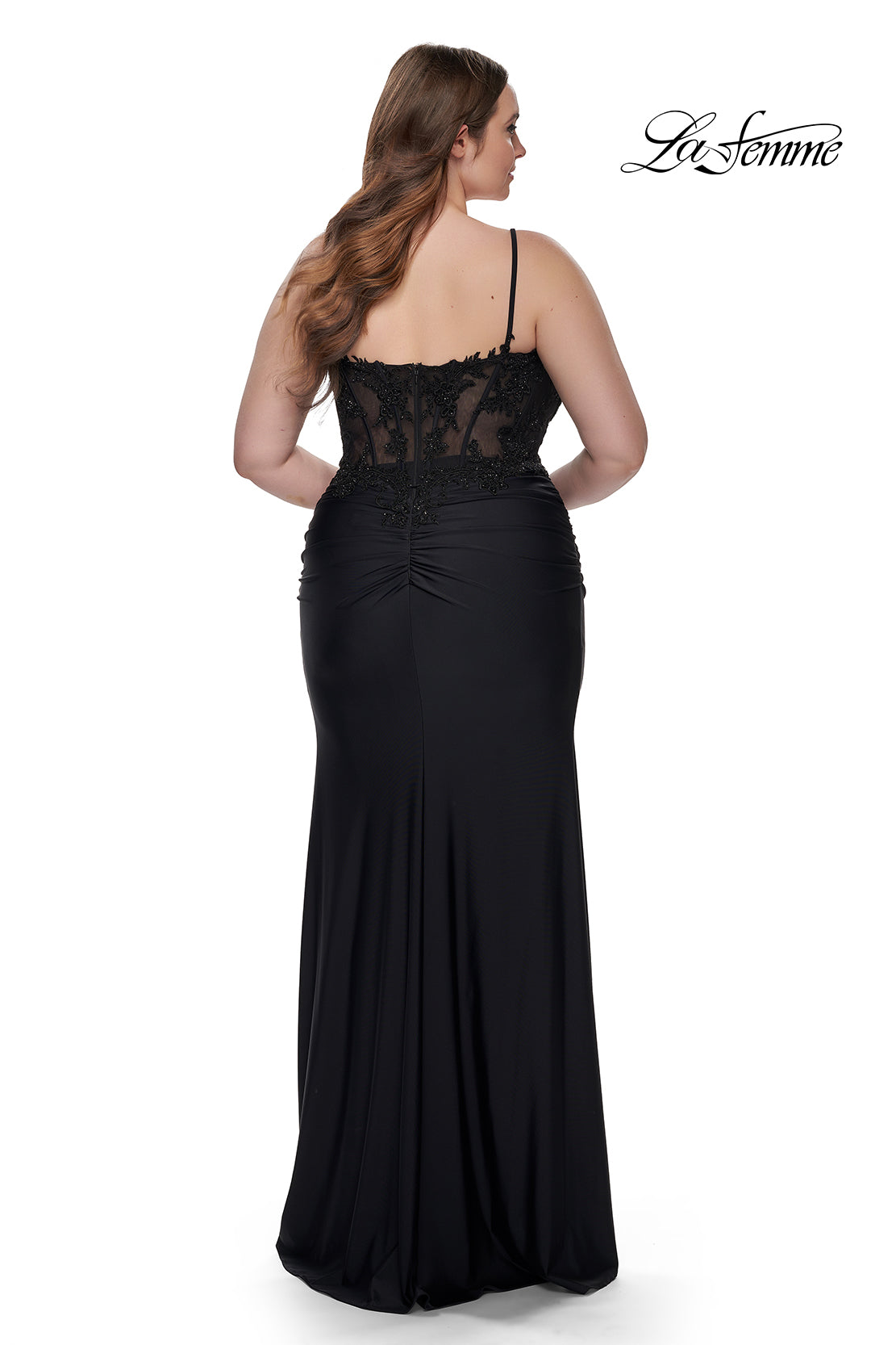 La-Femme-32226-V-Neck-Neckline-Zipper-Back-Corset-Lace-Jersey-Fitted-Black-Evening-Dress-B-Chic-Fashions-Prom-Dress