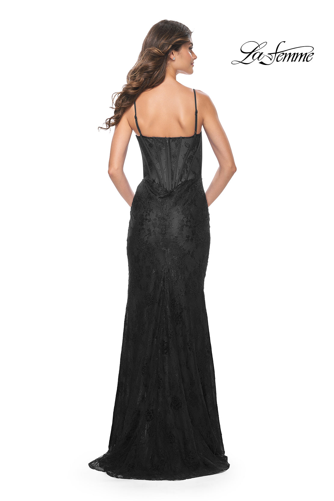 Shop La Femme 32231 V-Neck Neckline Zipper Back High Slit Lace Fitted Evening Dress B Chic Fashions Shop La Femme 32231 V-Neck Neckline Zipper Back High Slit Lace Fitted Evening Dress B Chic Fashions