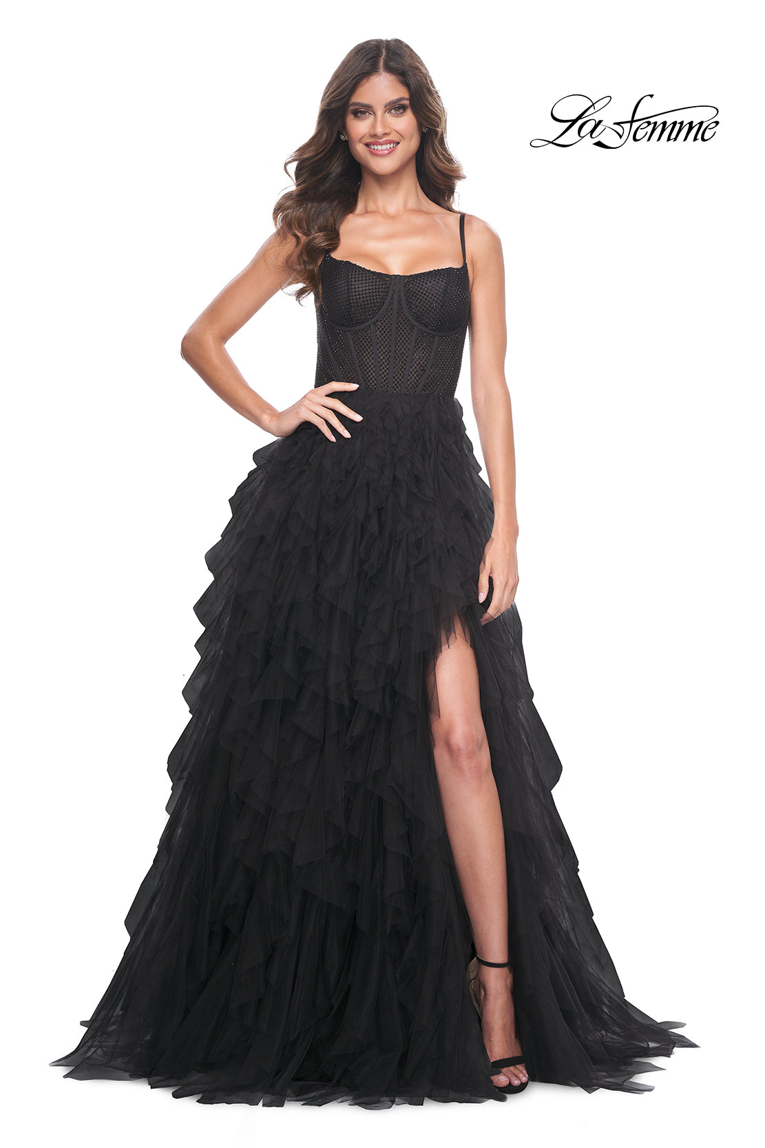 La-Femme-32233-Square-Neckline-Zipper-Back-Tiered-Hot-Stone-Fishnet-Tulle-A-Line-Black-Evening-Dress-B-Chic-Fashions-Prom-Dress