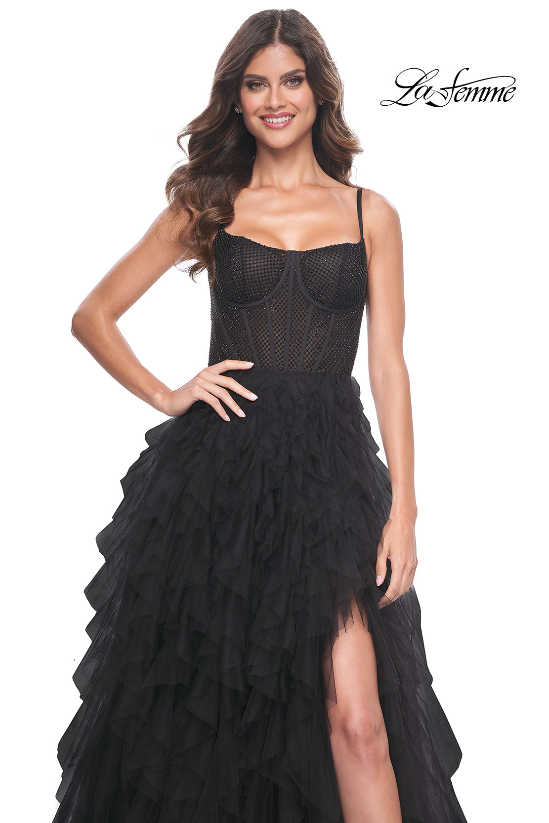 La-Femme-32233-Square-Neckline-Zipper-Back-Tiered-Hot-Stone-Fishnet-Tulle-A-Line-Black-Evening-Dress-B-Chic-Fashions-Prom-Dress