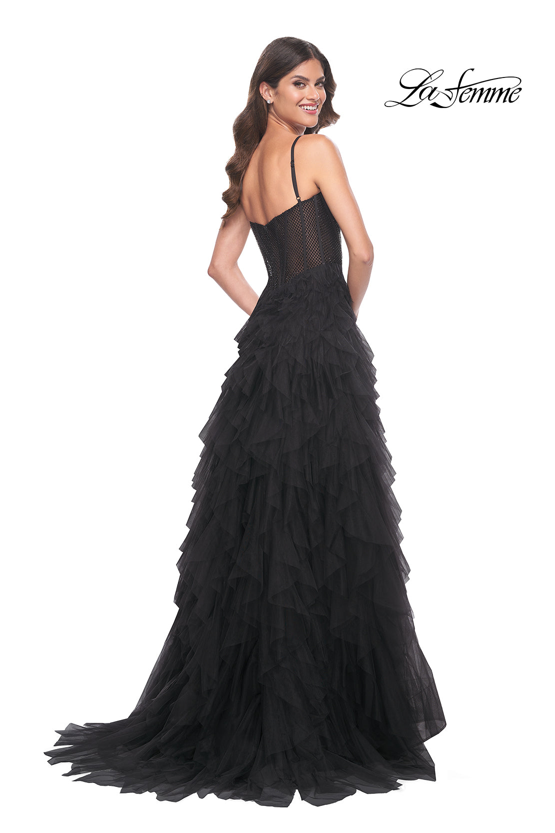 La-Femme-32233-Square-Neckline-Zipper-Back-Tiered-Hot-Stone-Fishnet-Tulle-A-Line-Black-Evening-Dress-B-Chic-Fashions-Prom-Dress