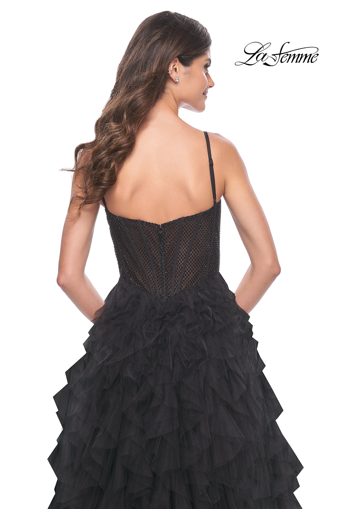 La-Femme-32233-Square-Neckline-Zipper-Back-Tiered-Hot-Stone-Fishnet-Tulle-A-Line-Black-Evening-Dress-B-Chic-Fashions-Prom-Dress
