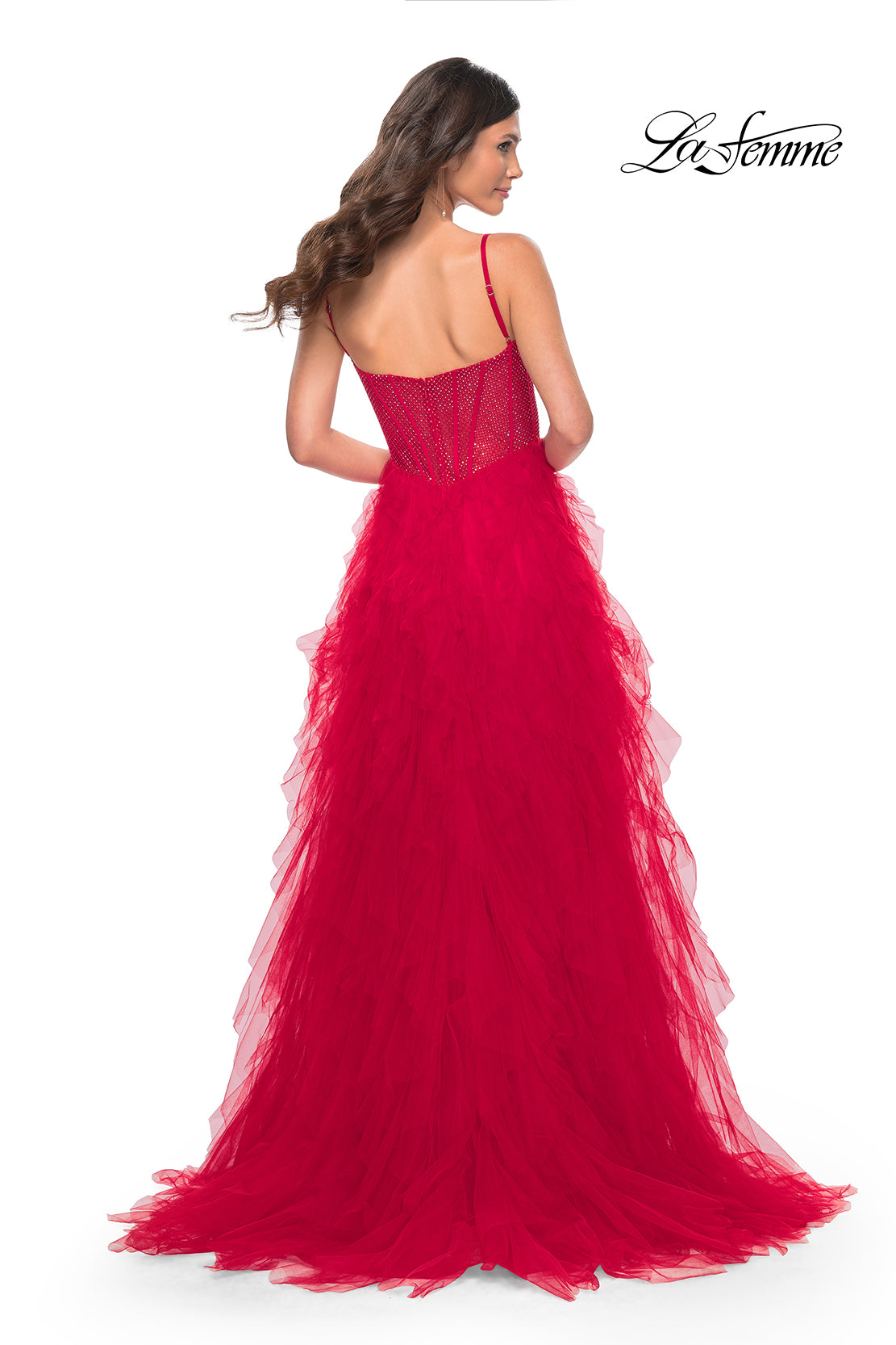 La-Femme-32233-Square-Neckline-Zipper-Back-Tiered-Hot-Stone-Fishnet-Tulle-A-Line-Red-Evening-Dress-B-Chic-Fashions-Prom-Dress