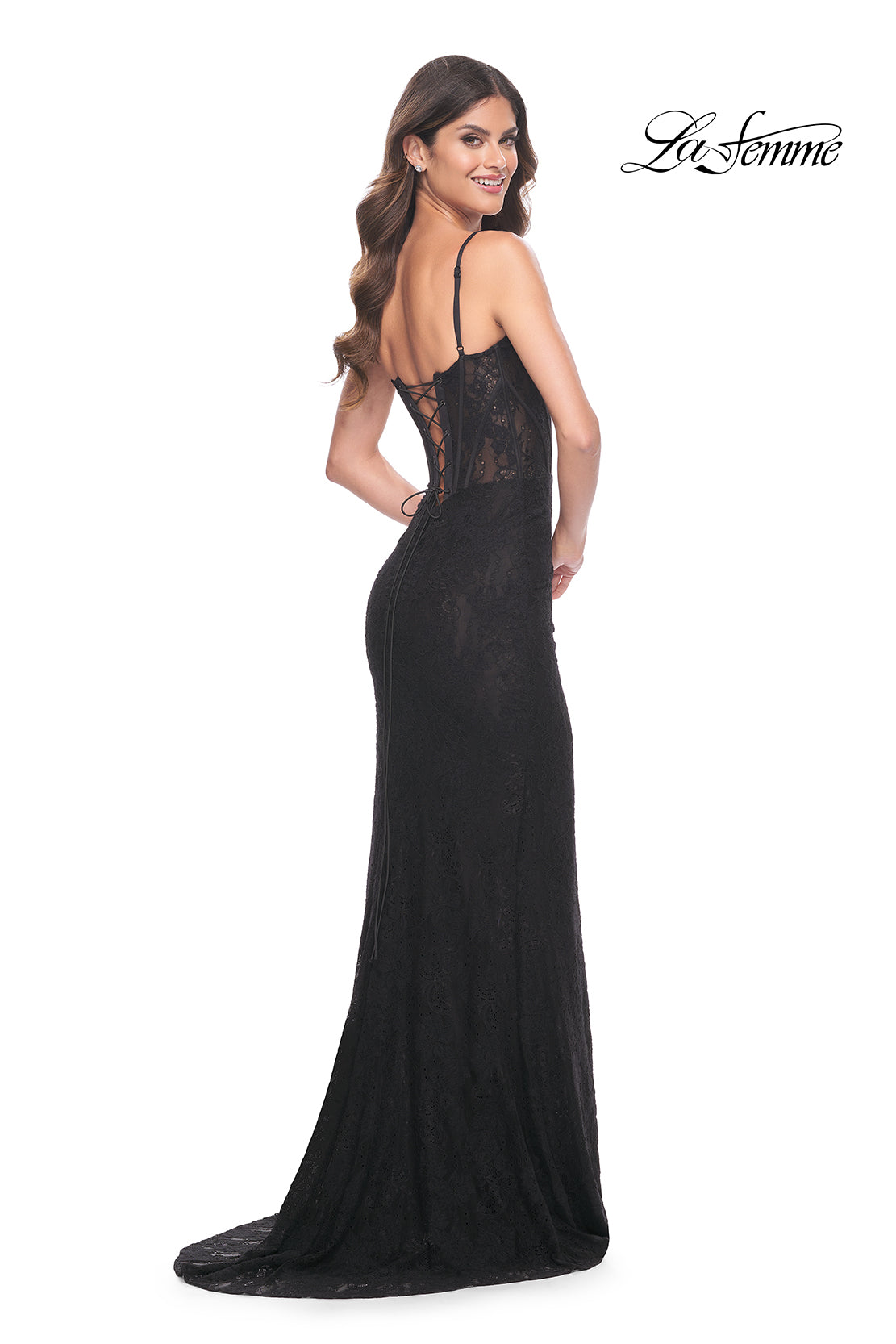 La-Femme-32237-Square-Neckline-Lace-up-Back-High-Slit-Lace-Fitted-Black-Evening-Dress-B-Chic-Fashions-Prom-Dress