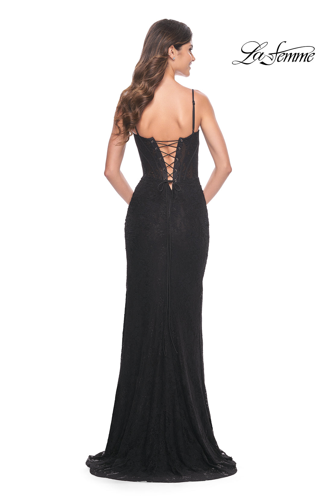 La-Femme-32237-Square-Neckline-Lace-up-Back-High-Slit-Lace-Fitted-Black-Evening-Dress-B-Chic-Fashions-Prom-Dress