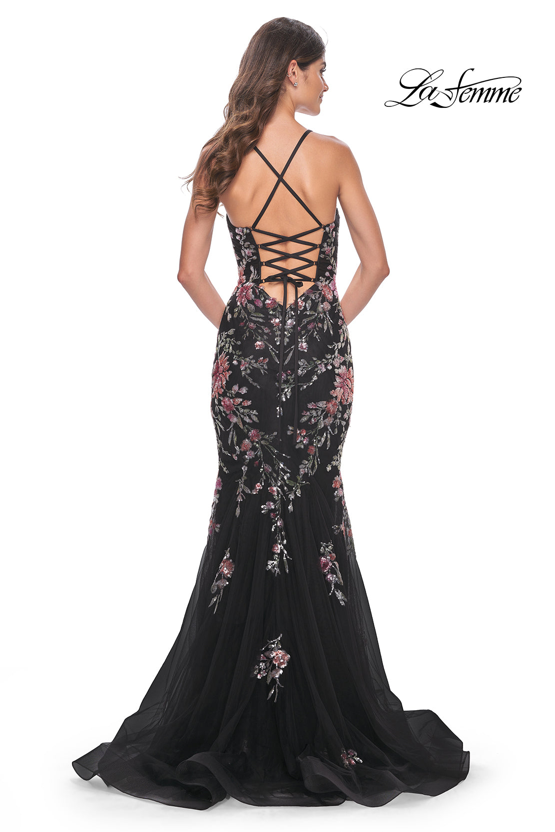 La-Femme-32246-V-Neck-Neckline-Asymmetrical-Strap-Train-Lace-Tulle-Mermaid-Fitted-Black-Evening-Dress-B-Chic-Fashions-Prom-Dress