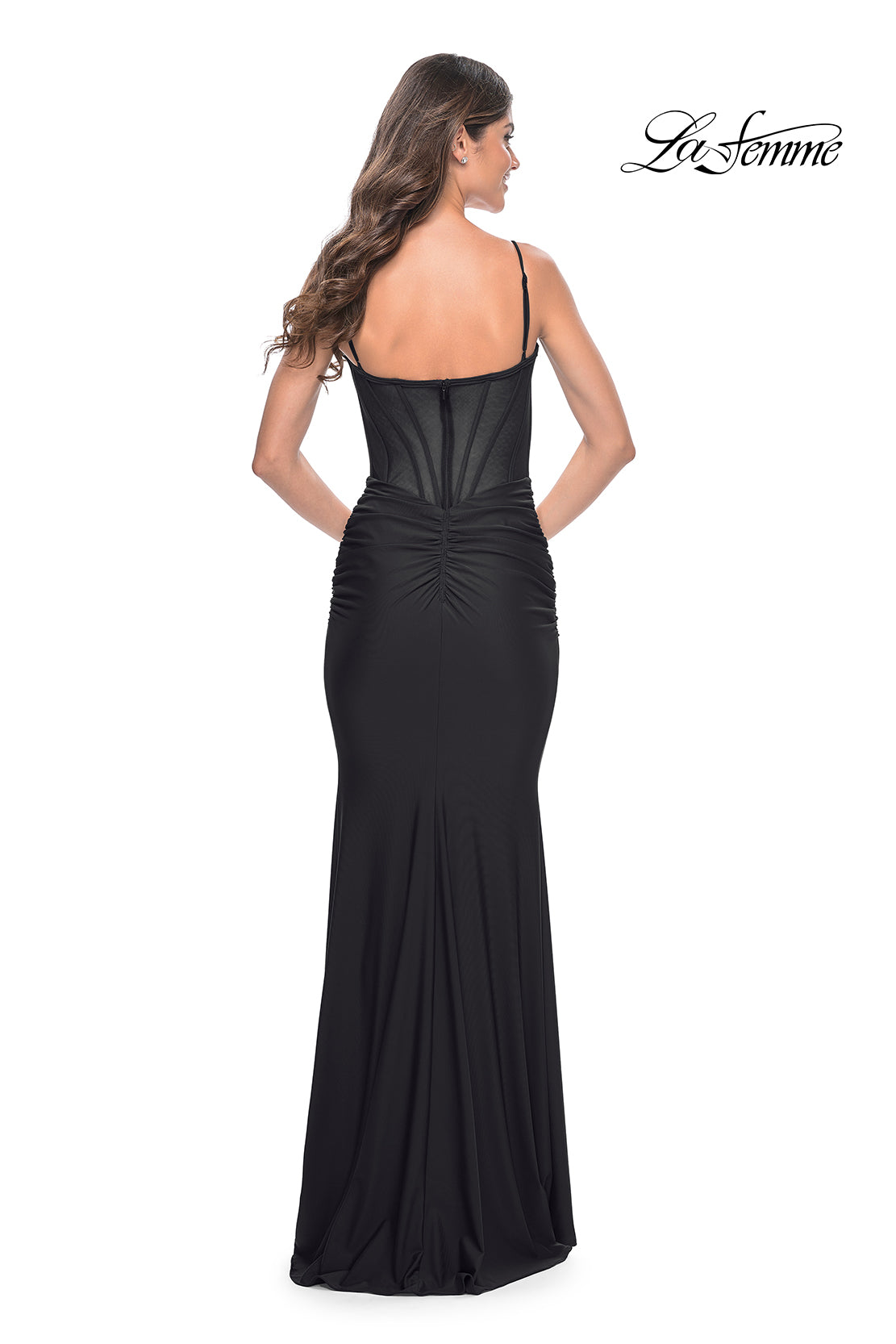 La-Femme-32257-V-Neck-Neckline-Zipper-Back-Corset-Jersey-Fitted-Black-Evening-Dress-B-Chic-Fashions-Prom-Dress