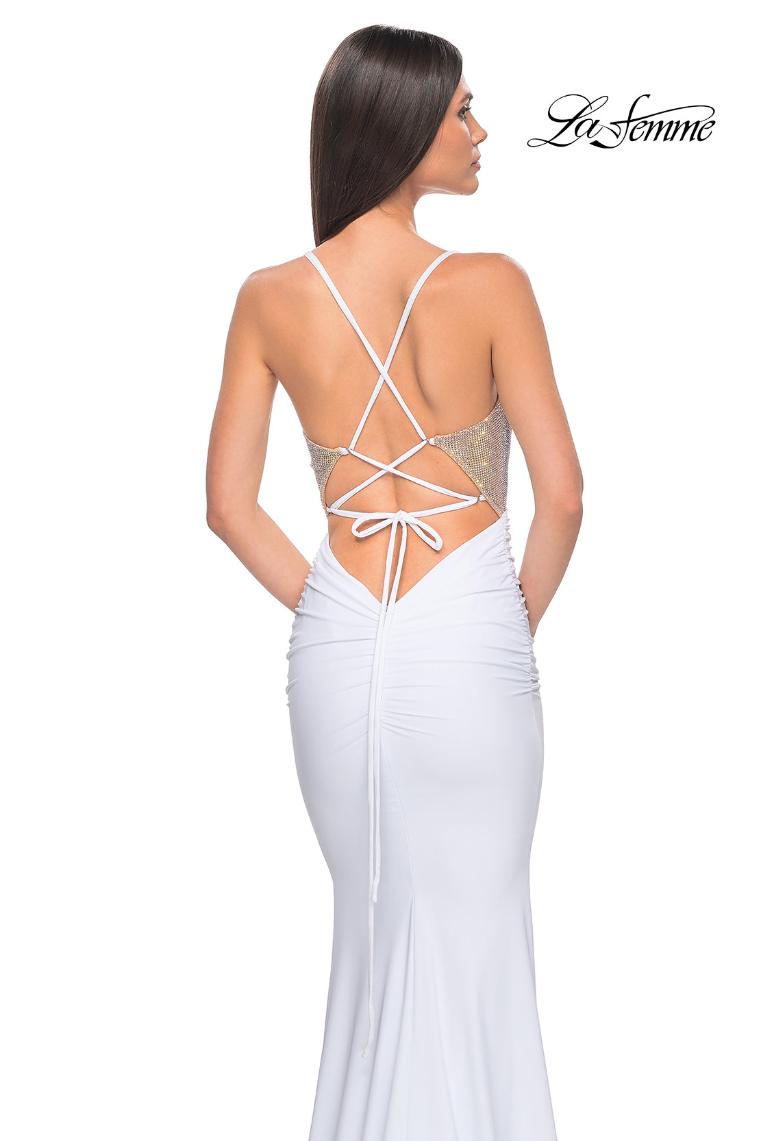 Shop La Femme 32260 V-Neck Neckline Criss Cross Back Hot Stone/Jersey Fitted Evening Dress B Chic Fashions Shop La Femme 32260 V-Neck Neckline Criss Cross Back Hot Stone/Jersey Fitted Evening Dress B Chic Fashions