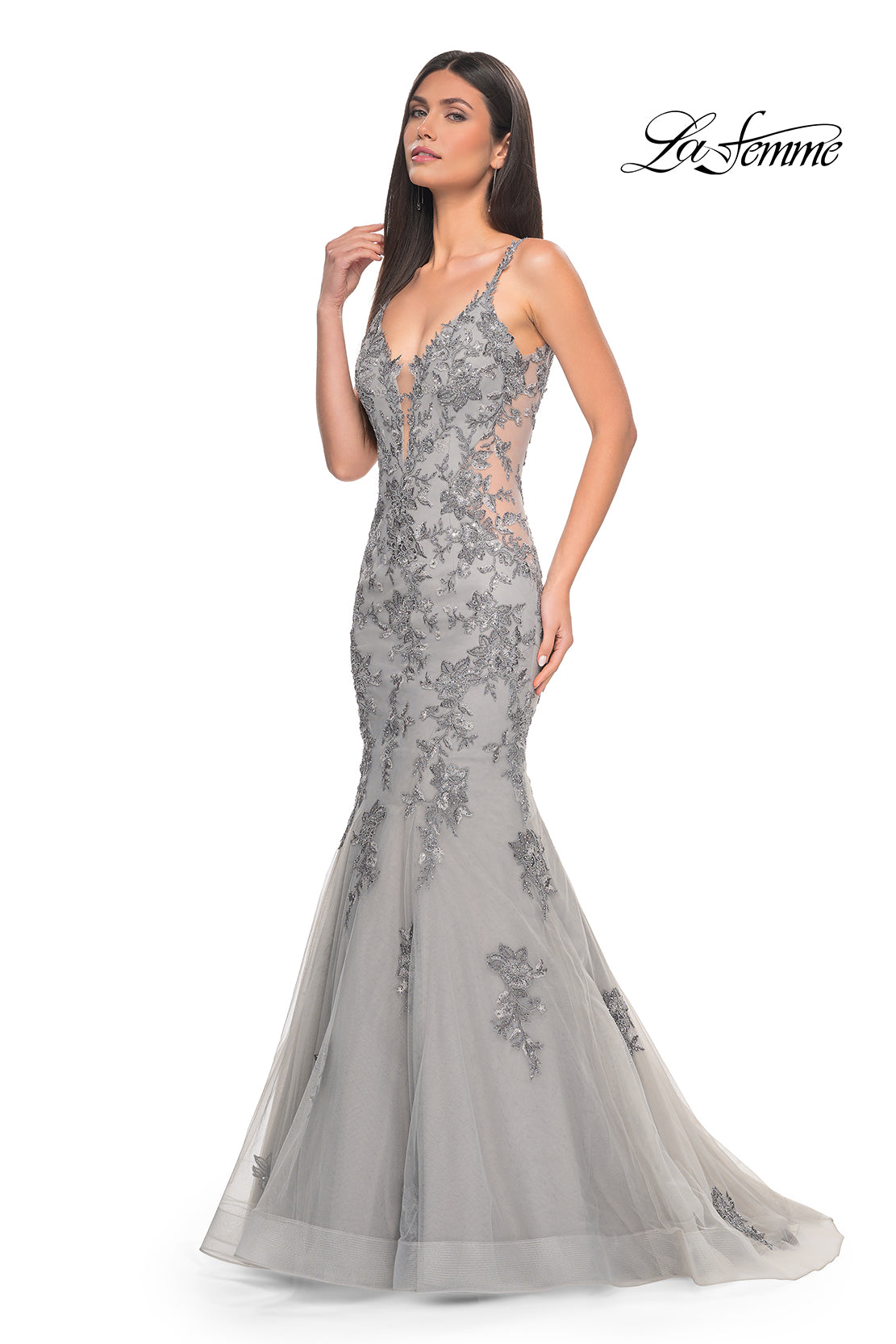 La-Femme-32295-Plunging-V-Neck-Neckline-Zipper-Back-Train-Lace-Tulle-Mermaid-Silver-Evening-Dress-B-Chic-Fashions-Prom-Dress