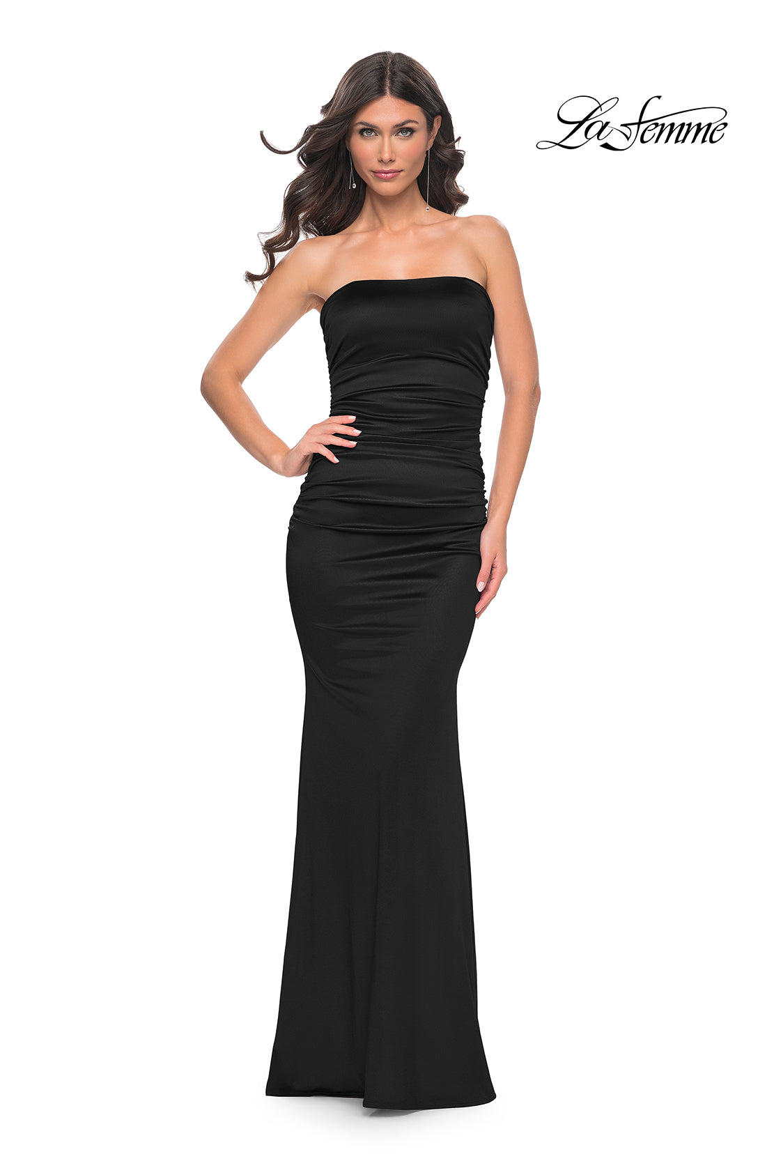 La-Femme-32300-Square-Neckline-Zipper-Back-Ruched-Liquid-Jersey-Column-Fitted-Black-Evening-Dress-B-Chic-Fashions-Prom-Dress