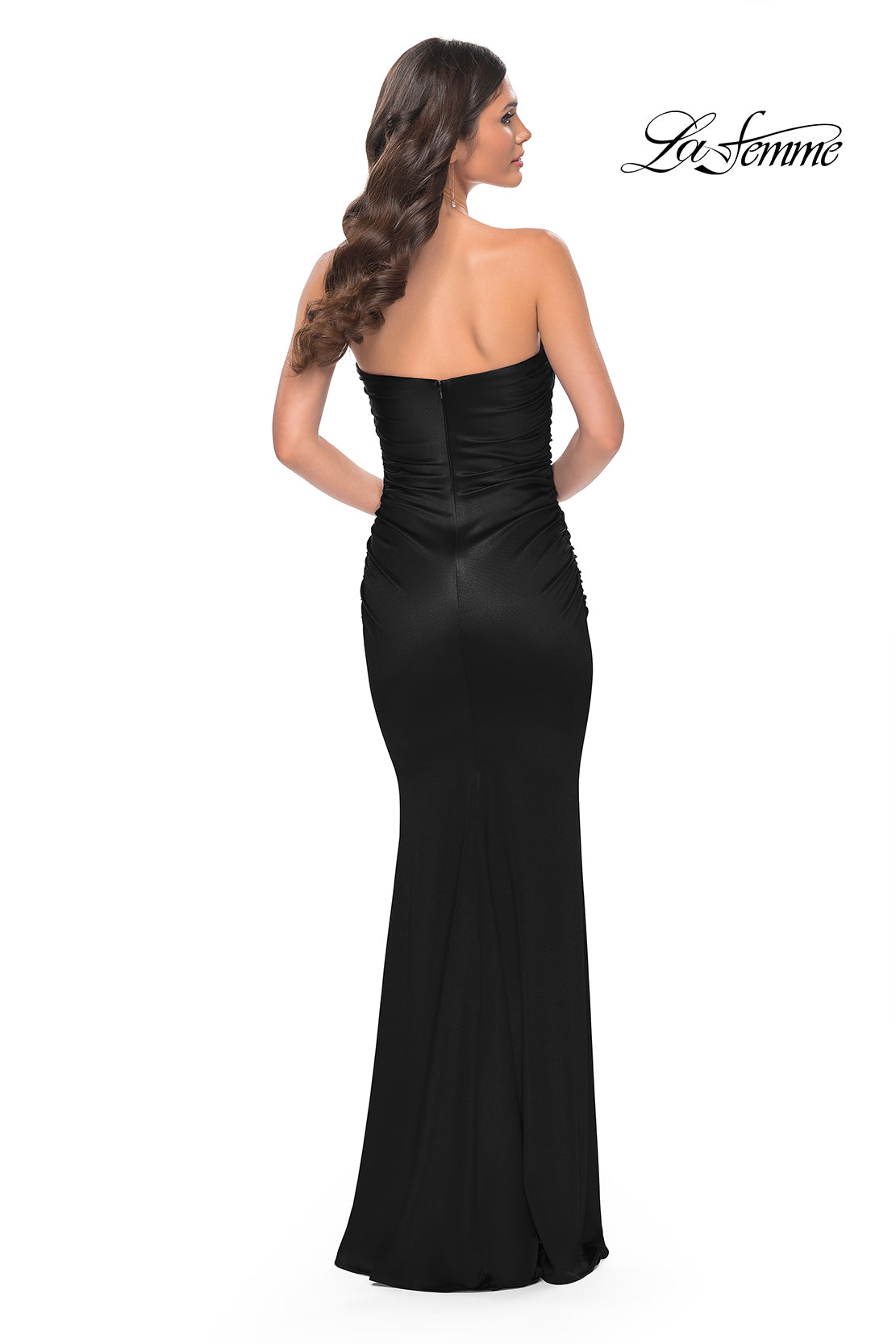 La-Femme-32300-Square-Neckline-Zipper-Back-Ruched-Liquid-Jersey-Column-Fitted-Black-Evening-Dress-B-Chic-Fashions-Prom-Dress