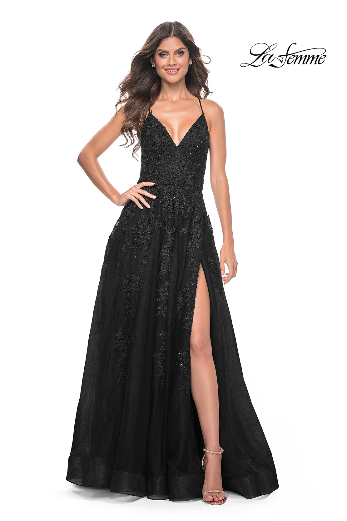 La-Femme-32303-V-Neck-Neckline-Criss-Cross-Back-Lace-Tulle-A-Line-Black-Evening-Dress-B-Chic-Fashions-Prom-Dress