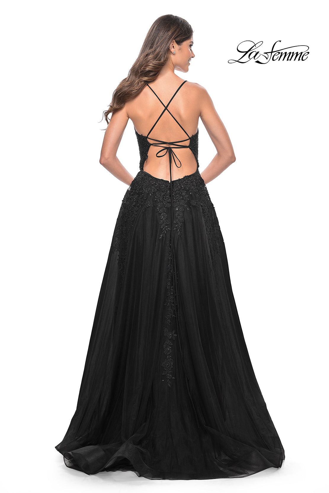 La-Femme-32303-V-Neck-Neckline-Criss-Cross-Back-Lace-Tulle-A-Line-Black-Evening-Dress-B-Chic-Fashions-Prom-Dress