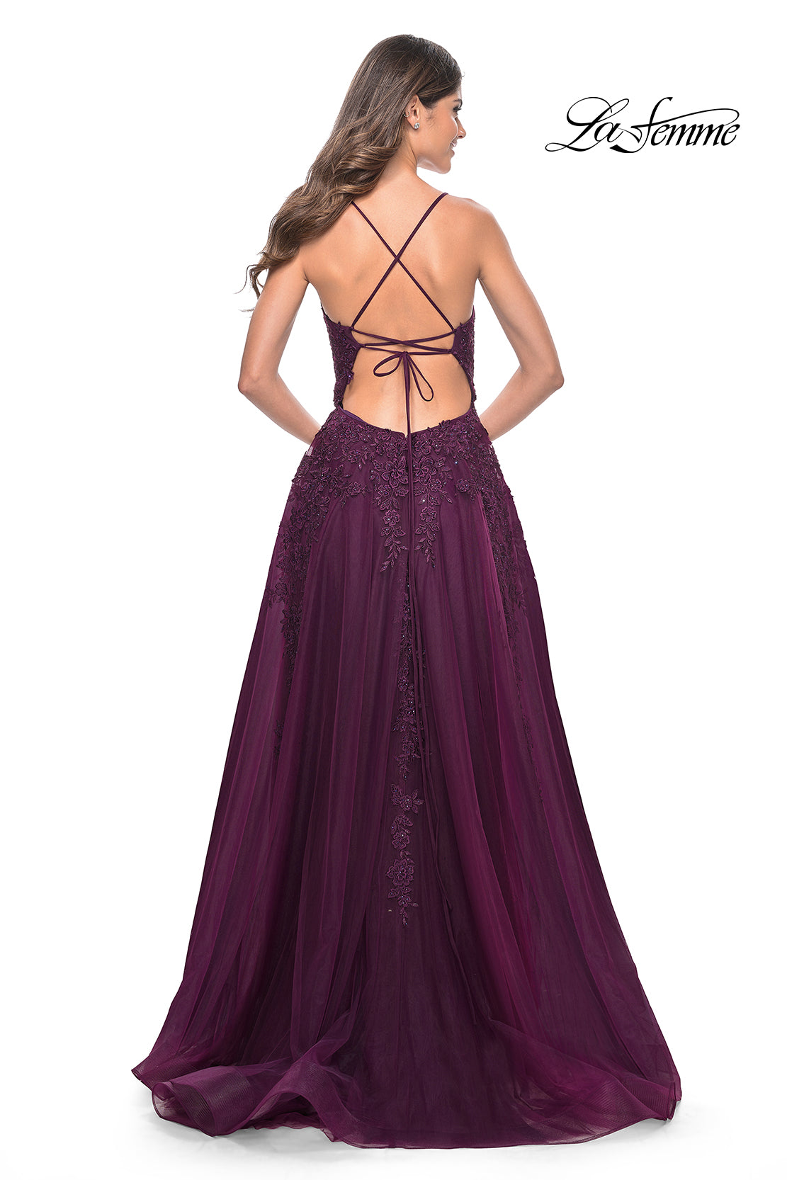 La-Femme-32303-V-Neck-Neckline-Criss-Cross-Back-Lace-Tulle-A-Line-Dark-Berry-Evening-Dress-B-Chic-Fashions-Prom-Dress