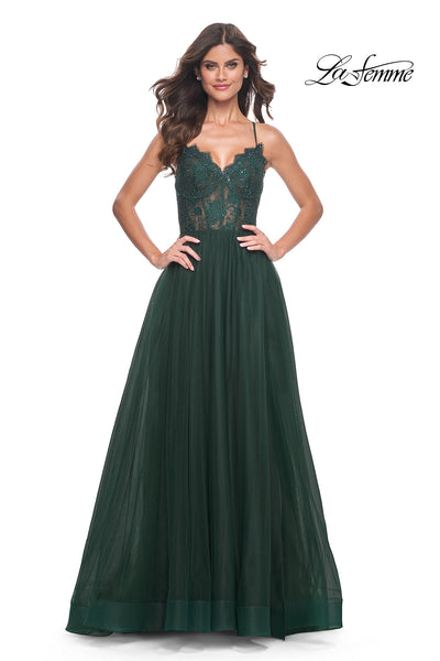 La-Femme-32306-V-Neck-Neckline-Criss-Cross-Back-High-Slit-Lace-Tulle-A-Line-Dark-Emerald-Evening-Dress-B-Chic-Fashion-Prom-Dress