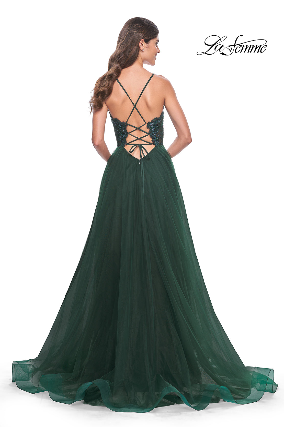 La-Femme-32306-V-Neck-Neckline-Criss-Cross-Back-High-Slit-Lace-Tulle-A-Line-Dark-Emerald-Evening-Dress-B-Chic-Fashion-Prom-Dress