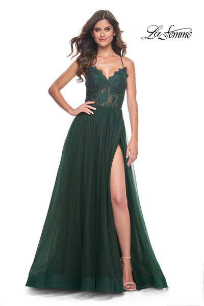 La-Femme-32306-V-Neck-Neckline-Criss-Cross-Back-High-Slit-Lace-Tulle-A-Line-Dark-Emerald-Evening-Dress-B-Chic-Fashion-Prom-Dress
