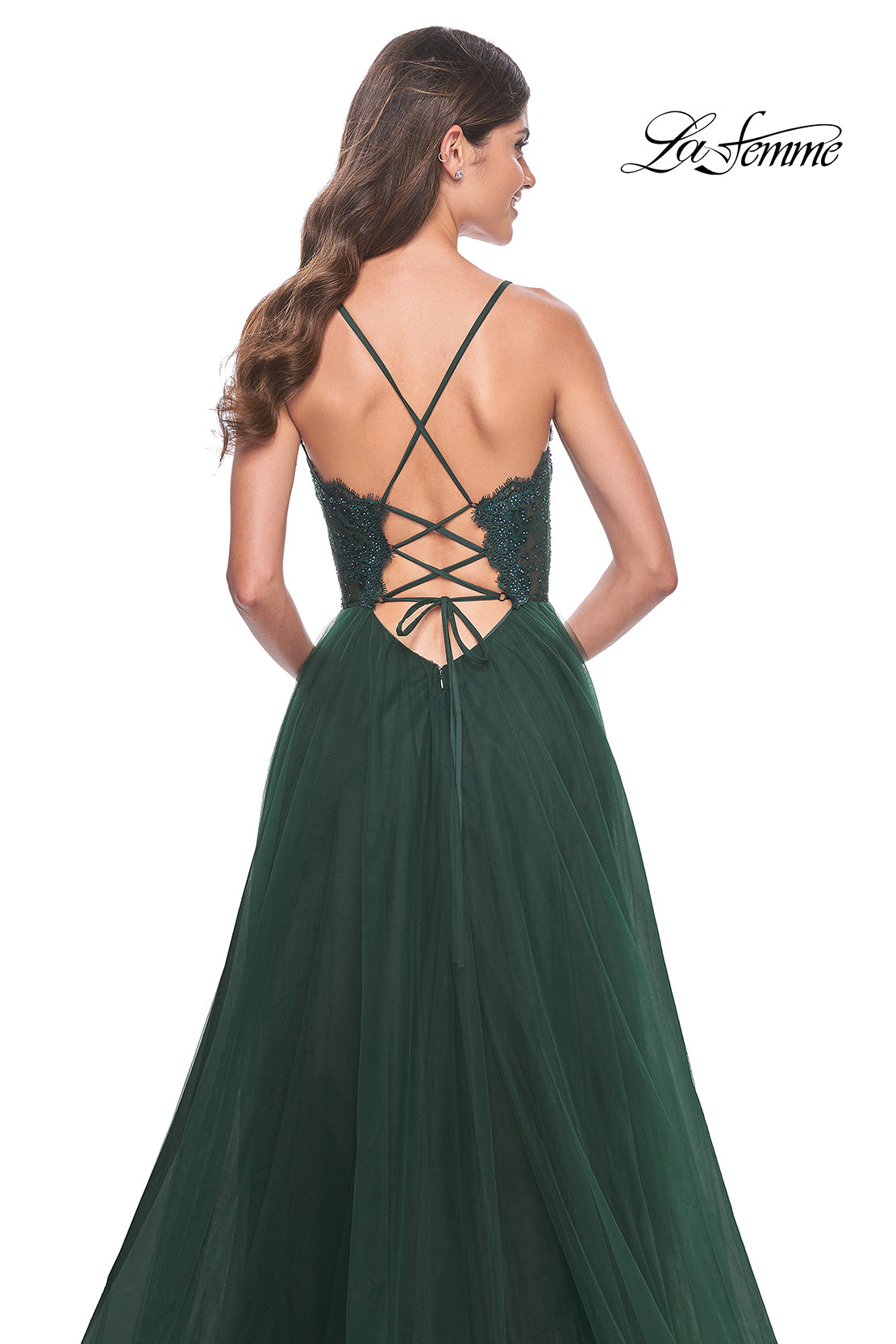 La-Femme-32306-V-Neck-Neckline-Criss-Cross-Back-High-Slit-Lace-Tulle-A-Line-Dark-Emerald-Evening-Dress-B-Chic-Fashion-Prom-Dress