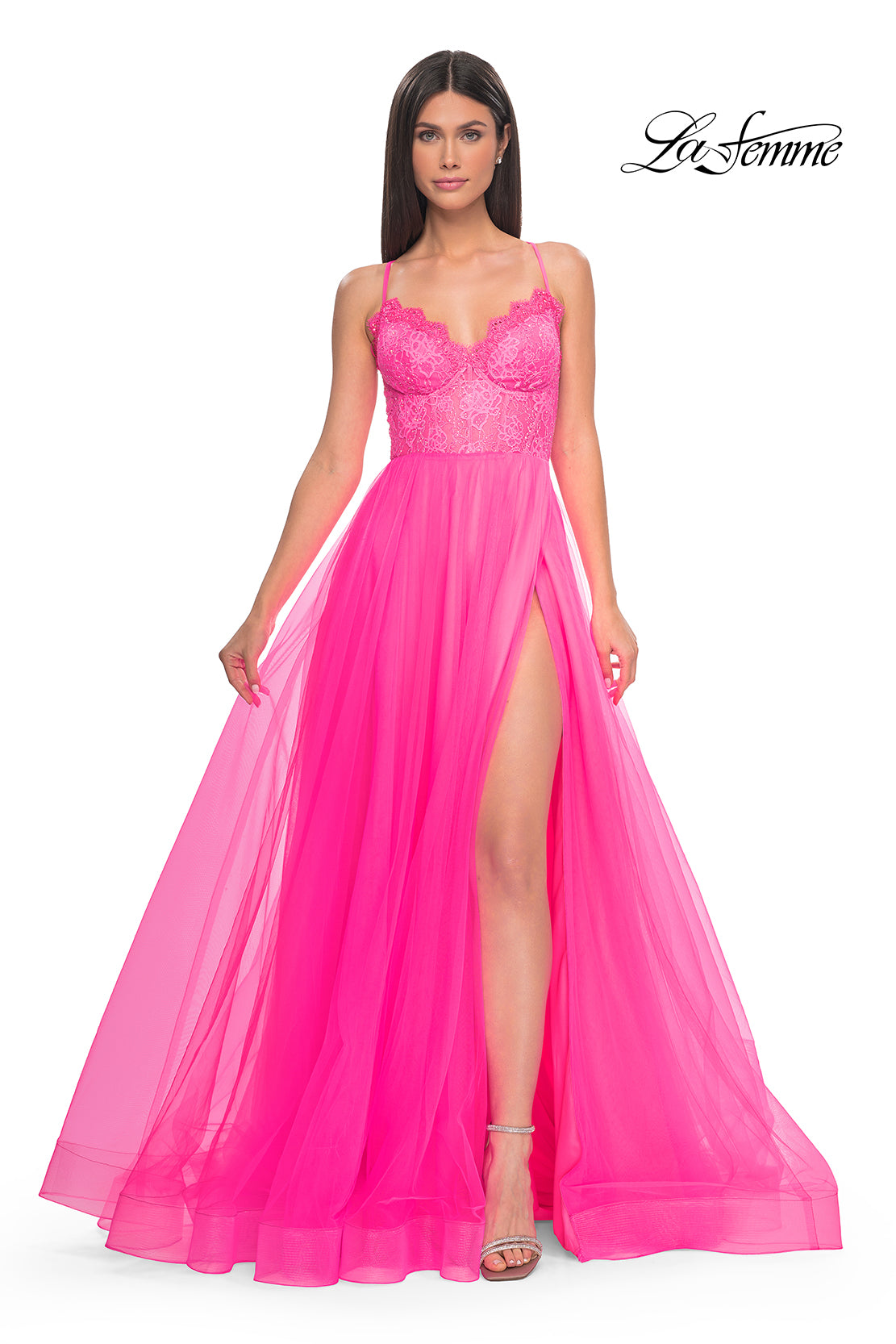 La-Femme-32306-V-Neck-Neckline-Criss-Cross-Back-High-Slit-Lace-Tulle-A-Line-Neon-Pink-Evening-Dress-B-Chic-Fashions-Prom-Dress