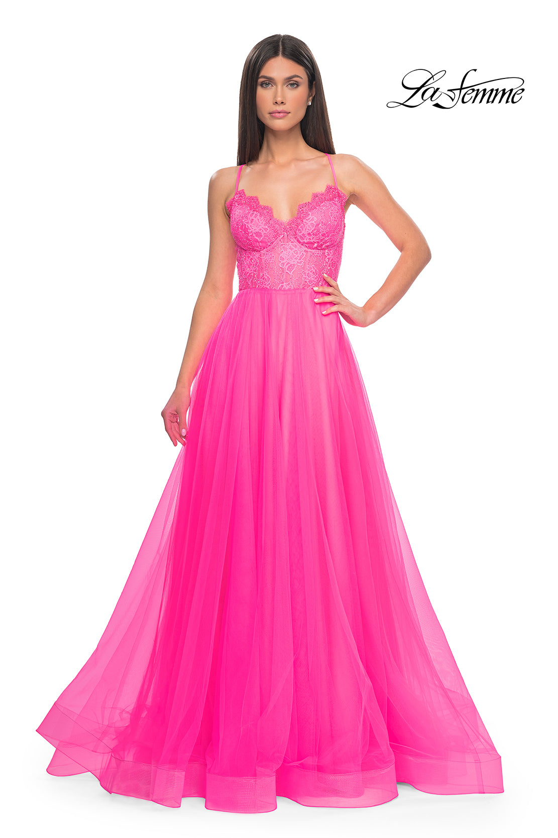 La-Femme-32306-V-Neck-Neckline-Criss-Cross-Back-High-Slit-Lace-Tulle-A-Line-Neon-Pink-Evening-Dress-B-Chic-Fashions-Prom-Dress