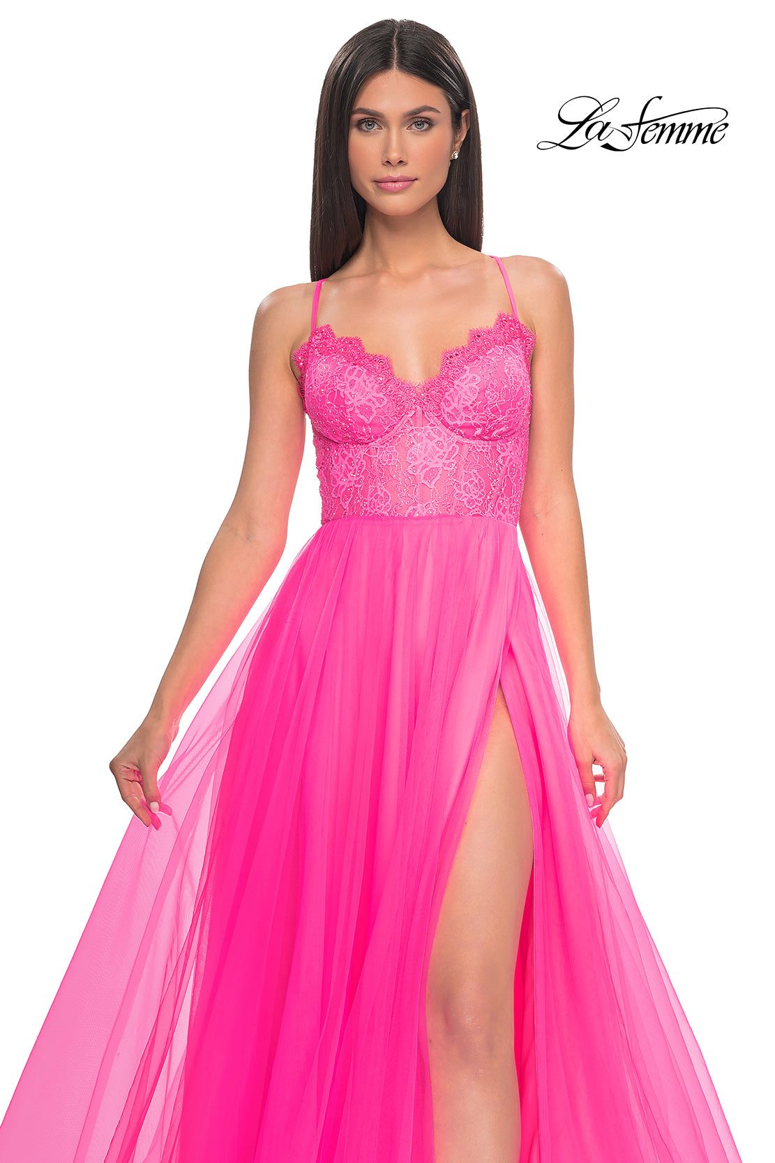 La-Femme-32306-V-Neck-Neckline-Criss-Cross-Back-High-Slit-Lace-Tulle-A-Line-Neon-Pink-Evening-Dress-B-Chic-Fashions-Prom-Dress