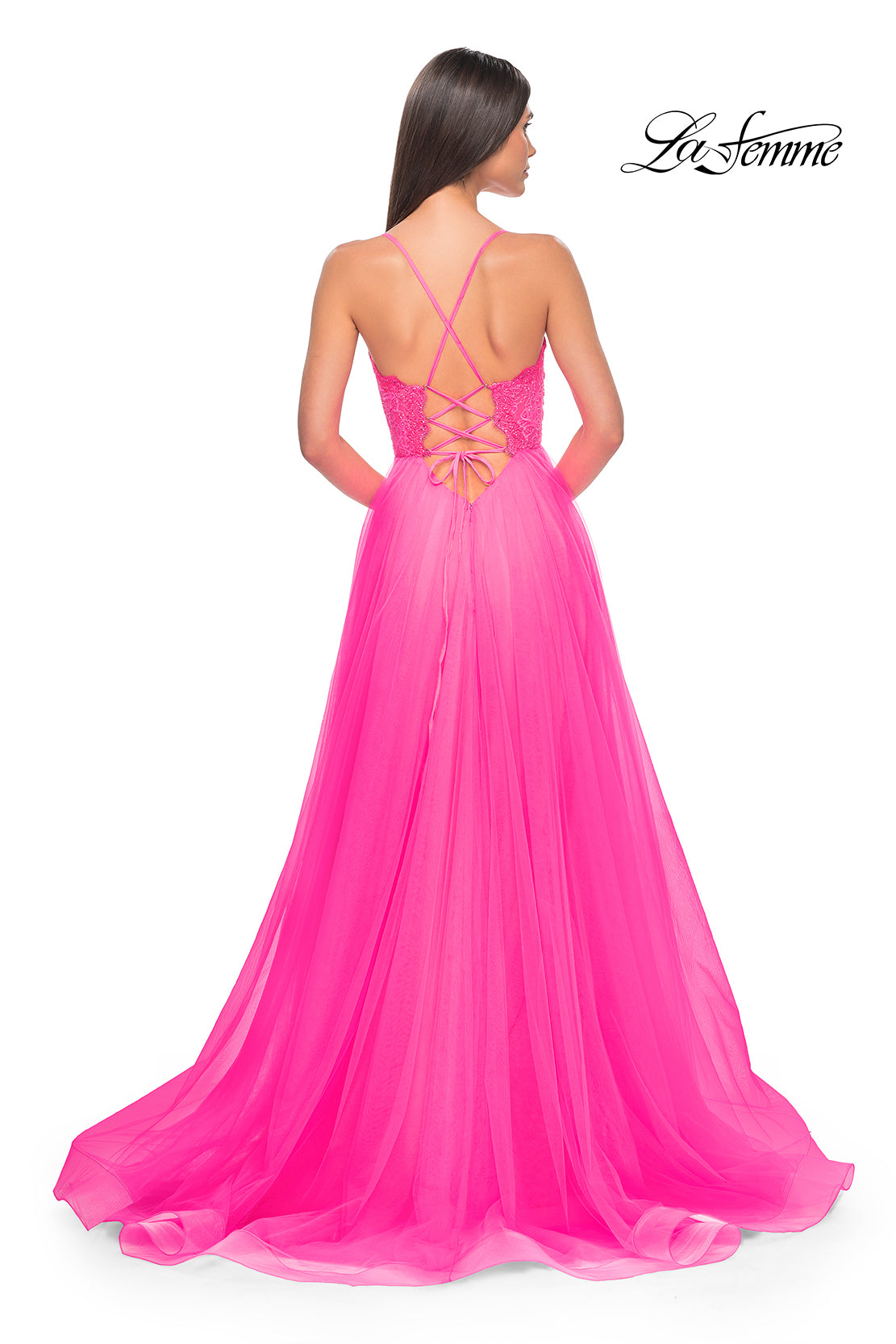 La-Femme-32306-V-Neck-Neckline-Criss-Cross-Back-High-Slit-Lace-Tulle-A-Line-Neon-Pink-Evening-Dress-B-Chic-Fashions-Prom-Dress