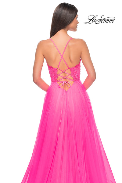 La-Femme-32306-V-Neck-Neckline-Criss-Cross-Back-High-Slit-Lace-Tulle-A-Line-Neon-Pink-Evening-Dress-B-Chic-Fashions-Prom-Dress