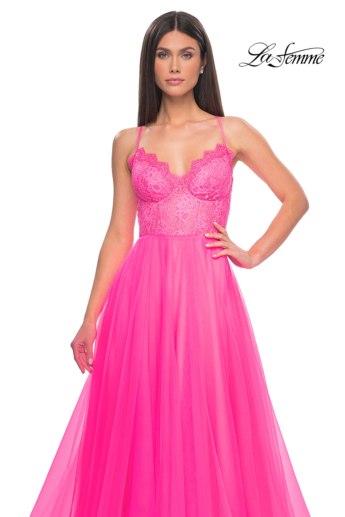 La-Femme-32306-V-Neck-Neckline-Criss-Cross-Back-High-Slit-Lace-Tulle-A-Line-Neon-Pink-Evening-Dress-B-Chic-Fashions-Prom-Dress