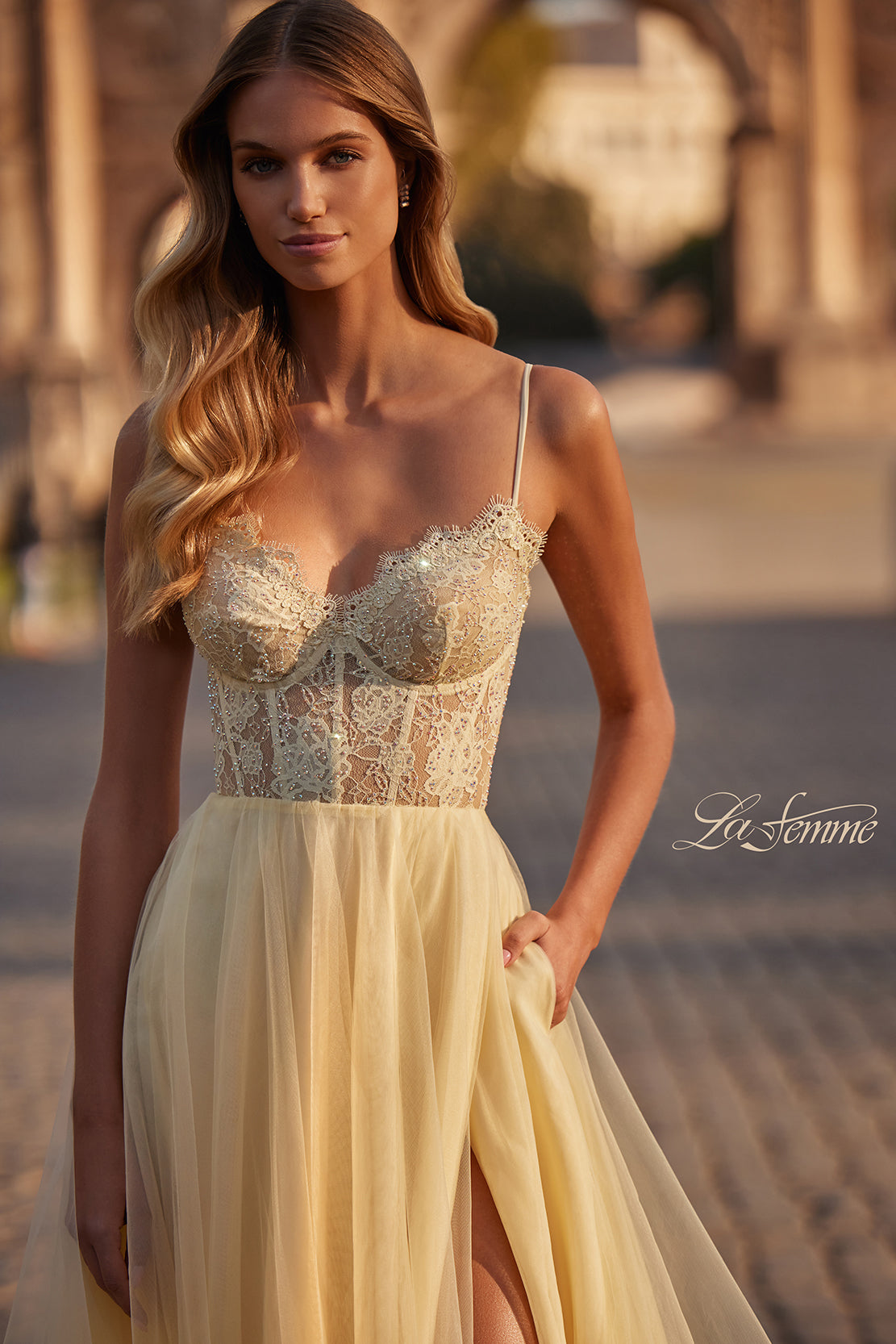 La-Femme-32306-V-Neck-Neckline-Criss-Cross-Back-High-Slit-Lace-Tulle-A-Line-Pale-Yellow-Evening-Dress-B-Chic-Fashion-Prom-Dress