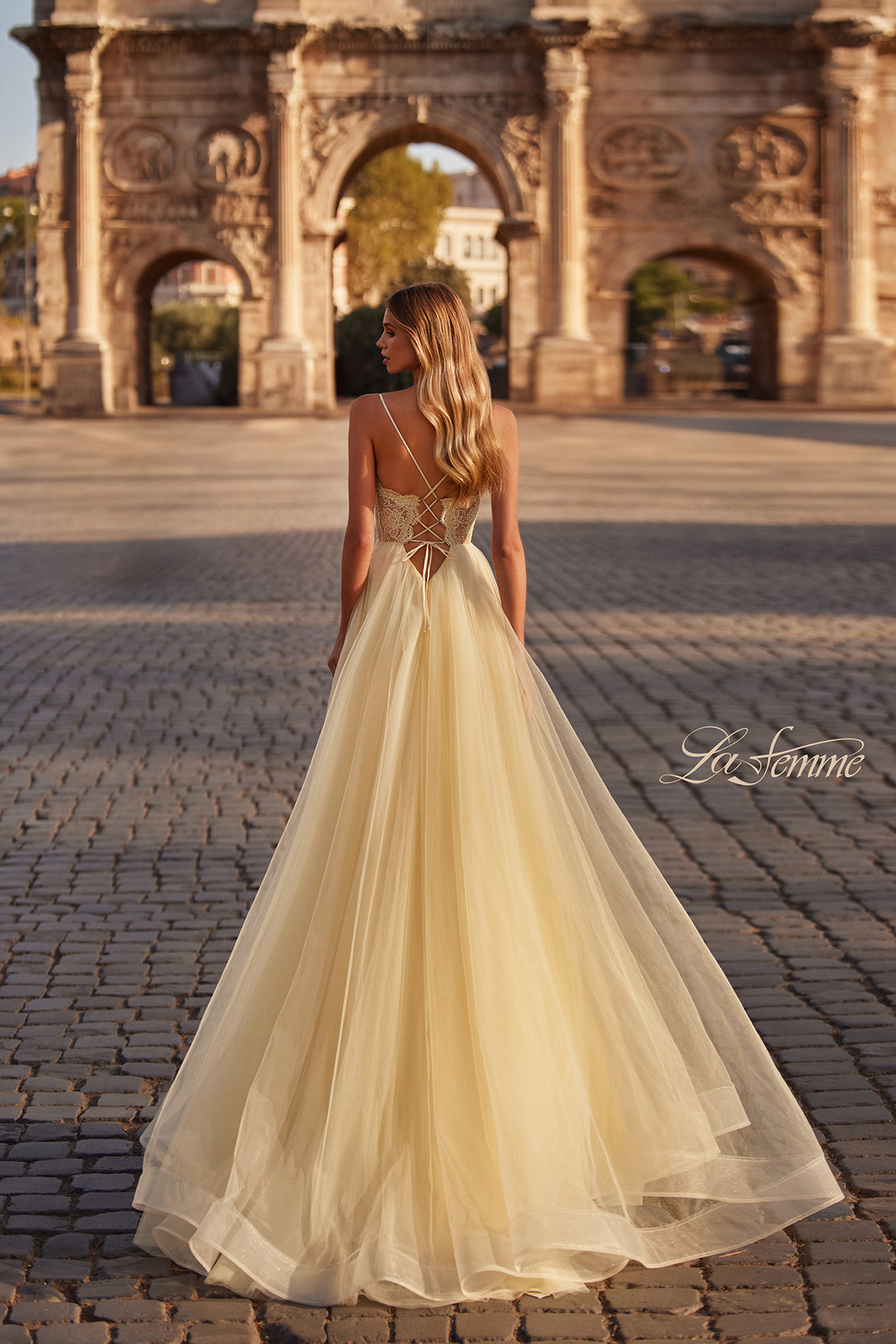 La-Femme-32306-V-Neck-Neckline-Criss-Cross-Back-High-Slit-Lace-Tulle-A-Line-Pale-Yellow-Evening-Dress-B-Chic-Fashion-Prom-Dress