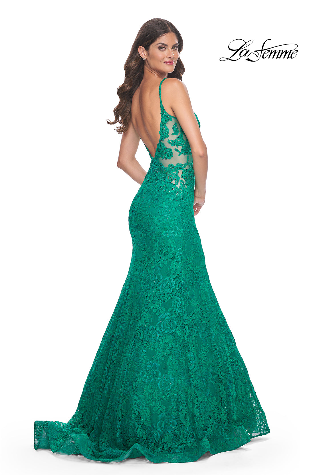 Shop La Femme 32315 Plunging Neckline Low Back Corset Lace Mermaid Fitted  Evening Dress  B Chic Fashions