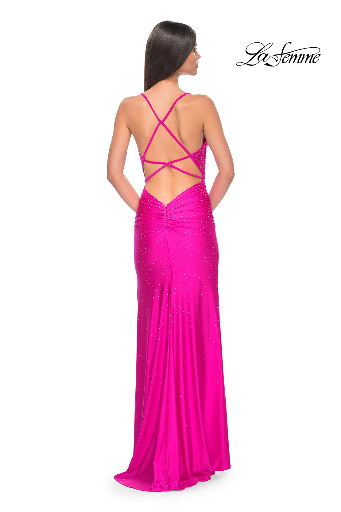 La-Femme-32317-V-Neck-Neckline-Criss-Cross-Back-High-Slit-Hot-Stone-Jersey-Fitted-Hot-Fuchsia-Evening-Dress-B-Chic-Fashions-Prom-Dress