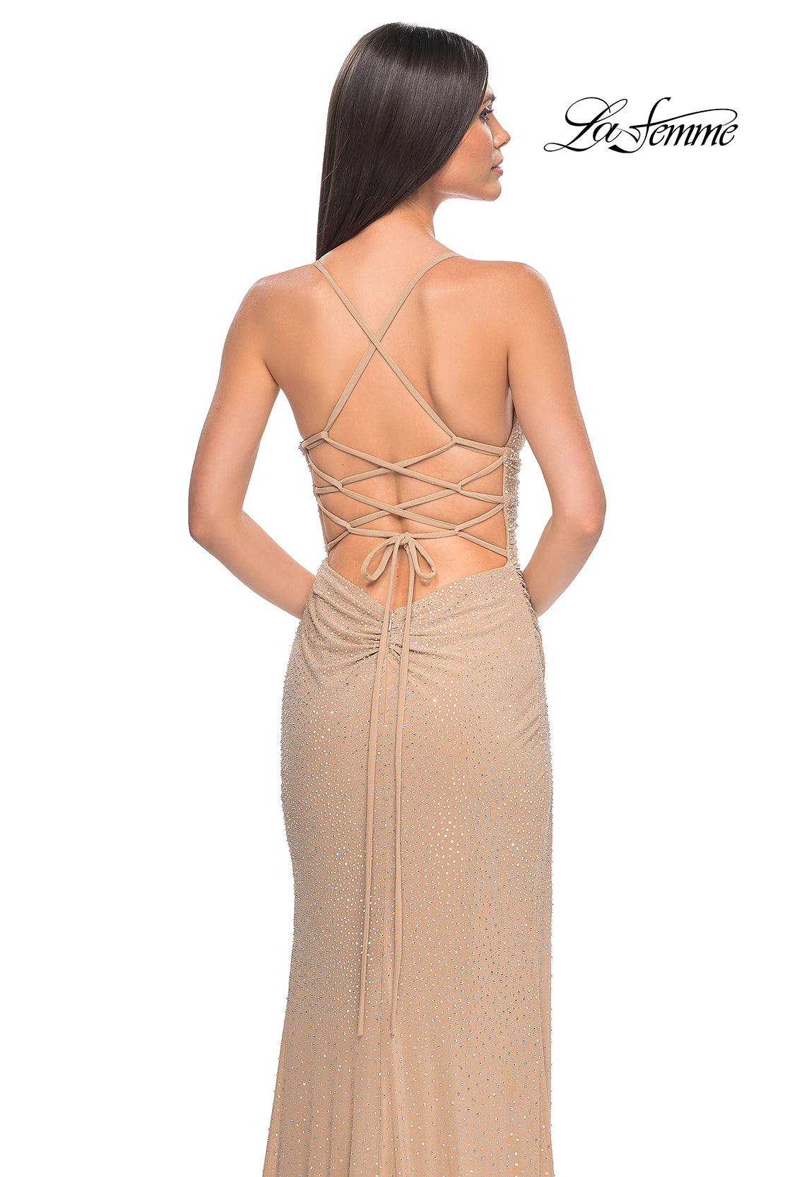 La-Femme-32318-V-Neck-Neckline-Criss-Cross-Back-High-Slit-Hot-Stone-Net-Jersey-Fitted-Nude-Evening-Dress-B-Chic-Fashions-Prom-Dress