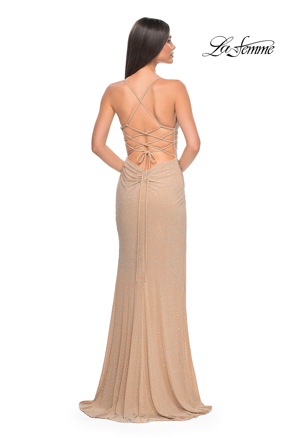 La-Femme-32318-V-Neck-Neckline-Criss-Cross-Back-High-Slit-Hot-Stone-Net-Jersey-Fitted-Nude-Evening-Dress-B-Chic-Fashions-Prom-Dress