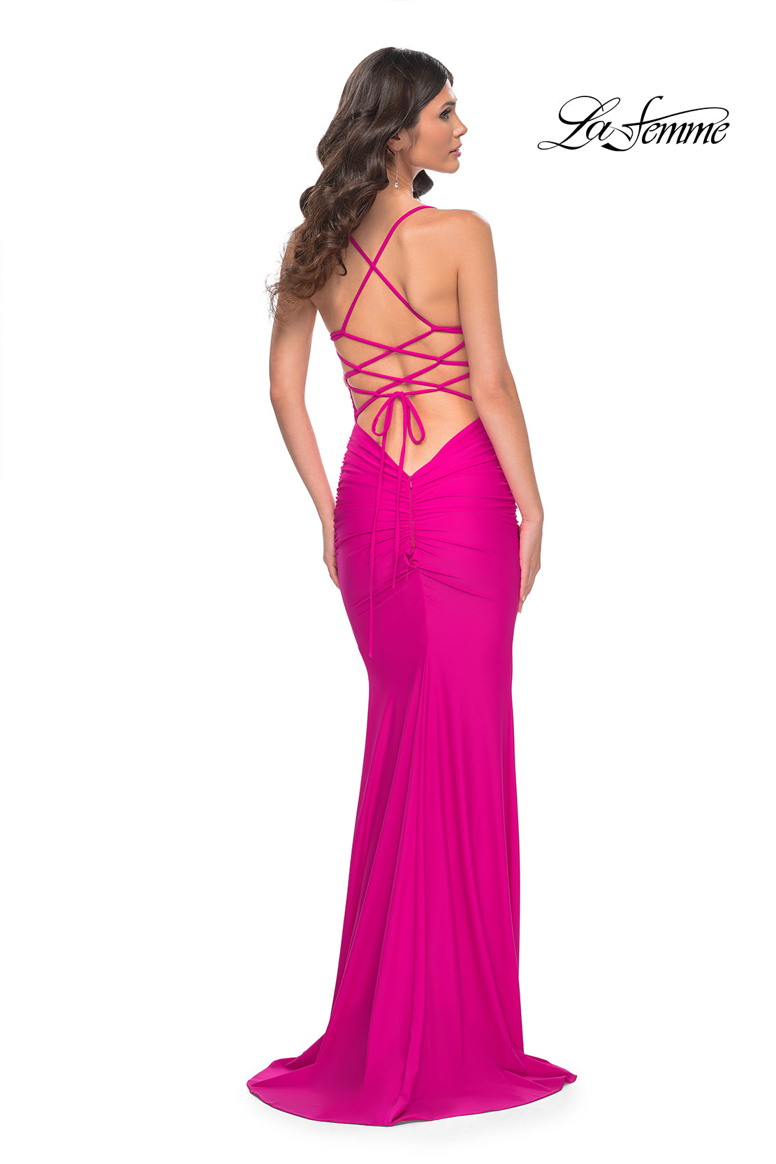 La-Femme-32320-V-Neck-Neckline-Criss-Cross-Back-Ruched-Hot-Stone-Fishnet-Jersey-Fitted-Hot-Fuchsia-Evening-Dress-B-Chic-Fashions-Prom-Dress