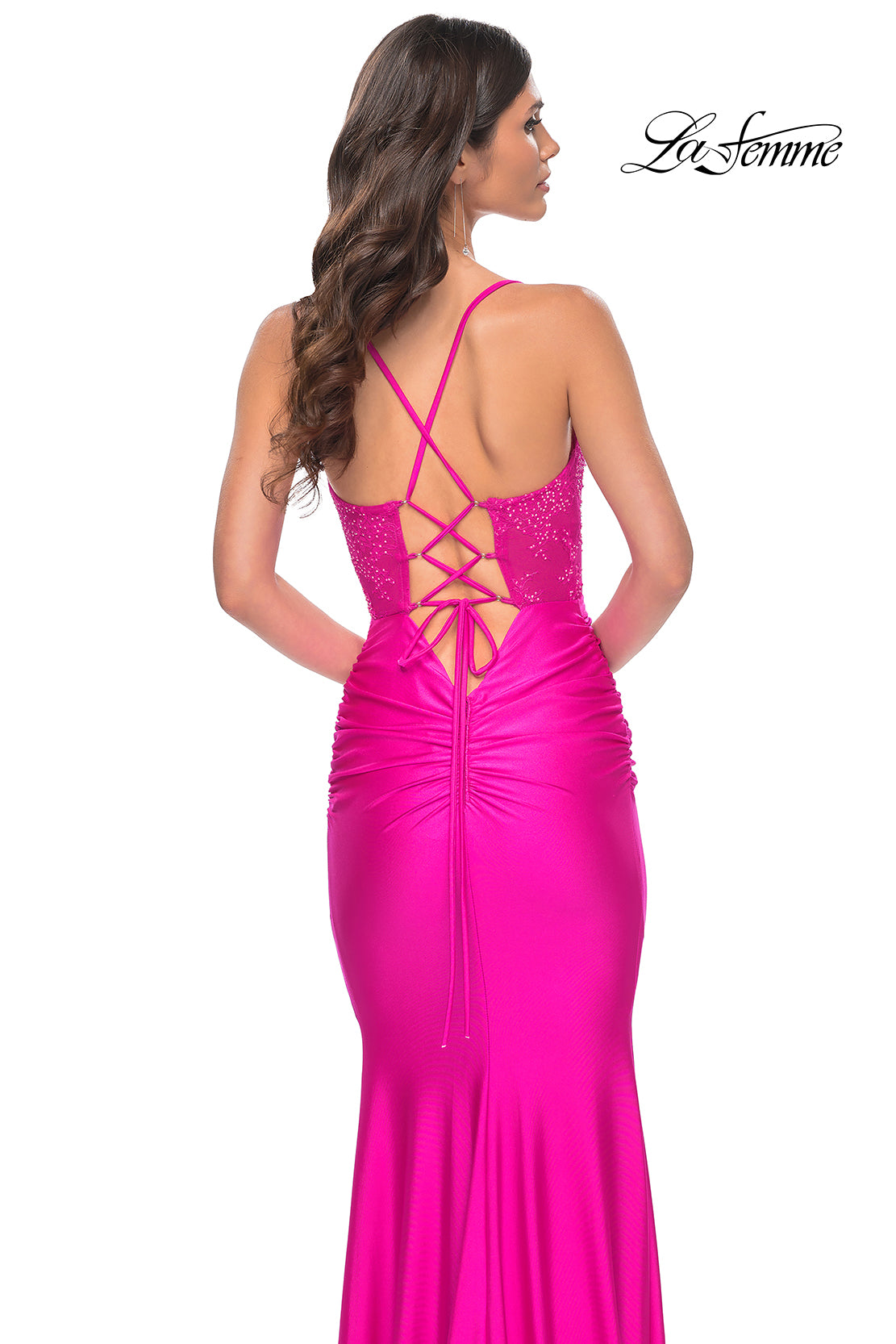 La-Femme-32322-Square-Neckline-Lace-up-Back-Ruched-Jersey-Fitted-Hot-Fuchsia-Evening-Dress-B-Chic-Fashions-Prom-Dress