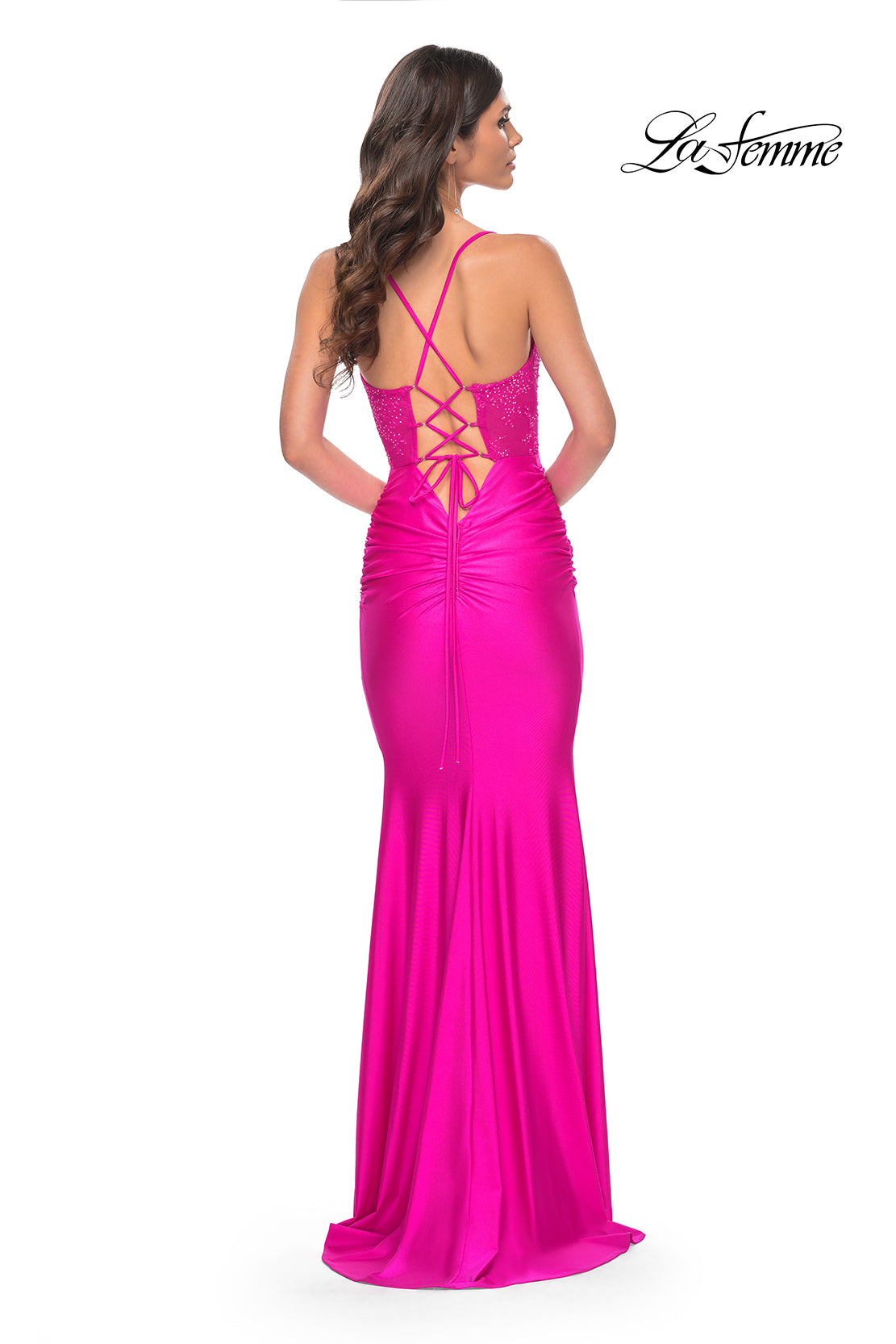 La-Femme-32322-Square-Neckline-Lace-up-Back-Ruched-Jersey-Fitted-Hot-Fuchsia-Evening-Dress-B-Chic-Fashions-Prom-Dress