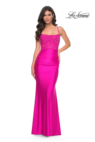 La-Femme-32322-Square-Neckline-Lace-up-Back-Ruched-Jersey-Fitted-Hot-Fuchsia-Evening-Dress-B-Chic-Fashions-Prom-Dress