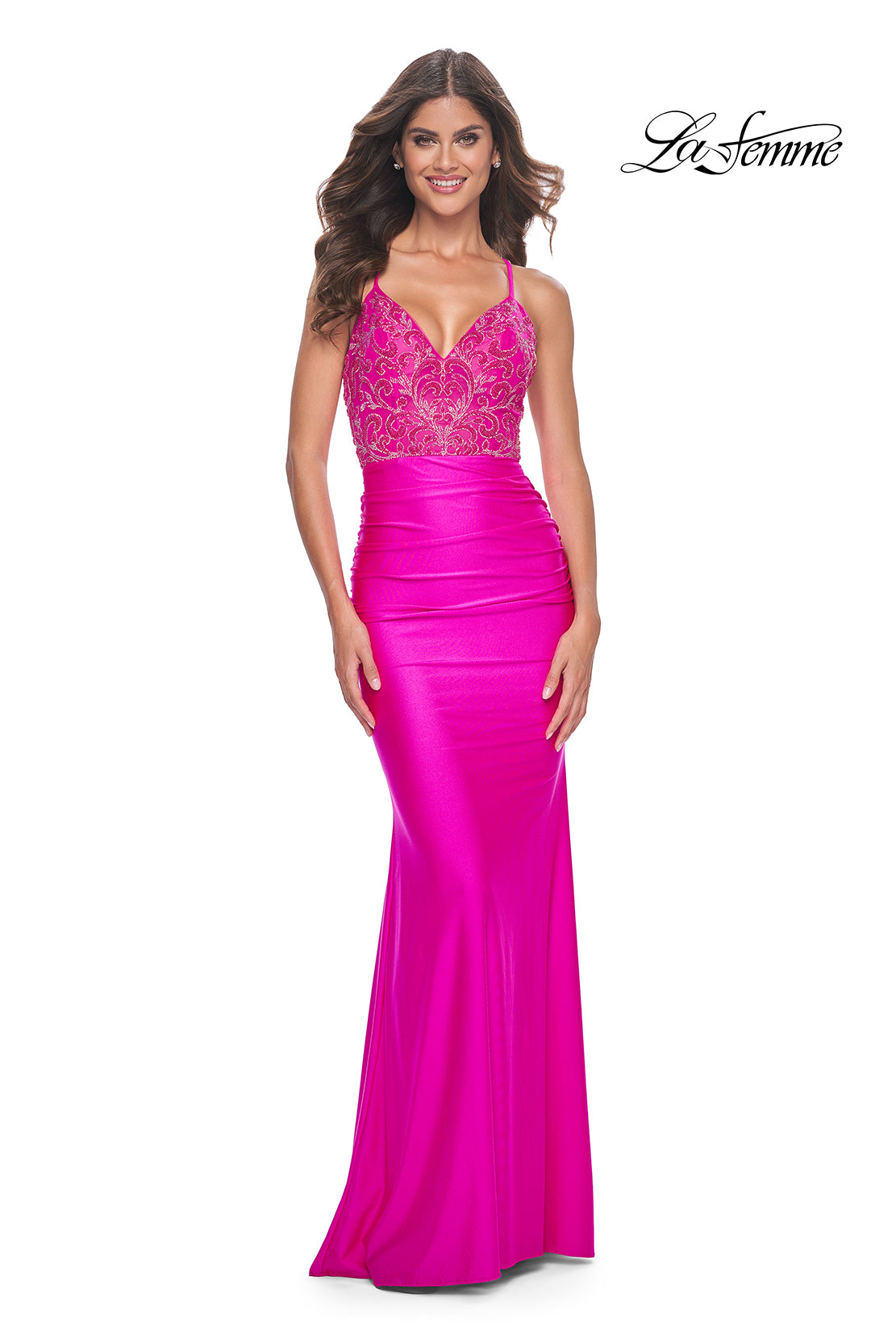 La-Femme-32324-V-Neck-Neckline-Criss-Cross-Back-Ruched-Beaded-Swim-Jersey-Fitted-Hot-Fuchsia-Evening-Dress-B-Chic-Fashions-Prom_-Dress