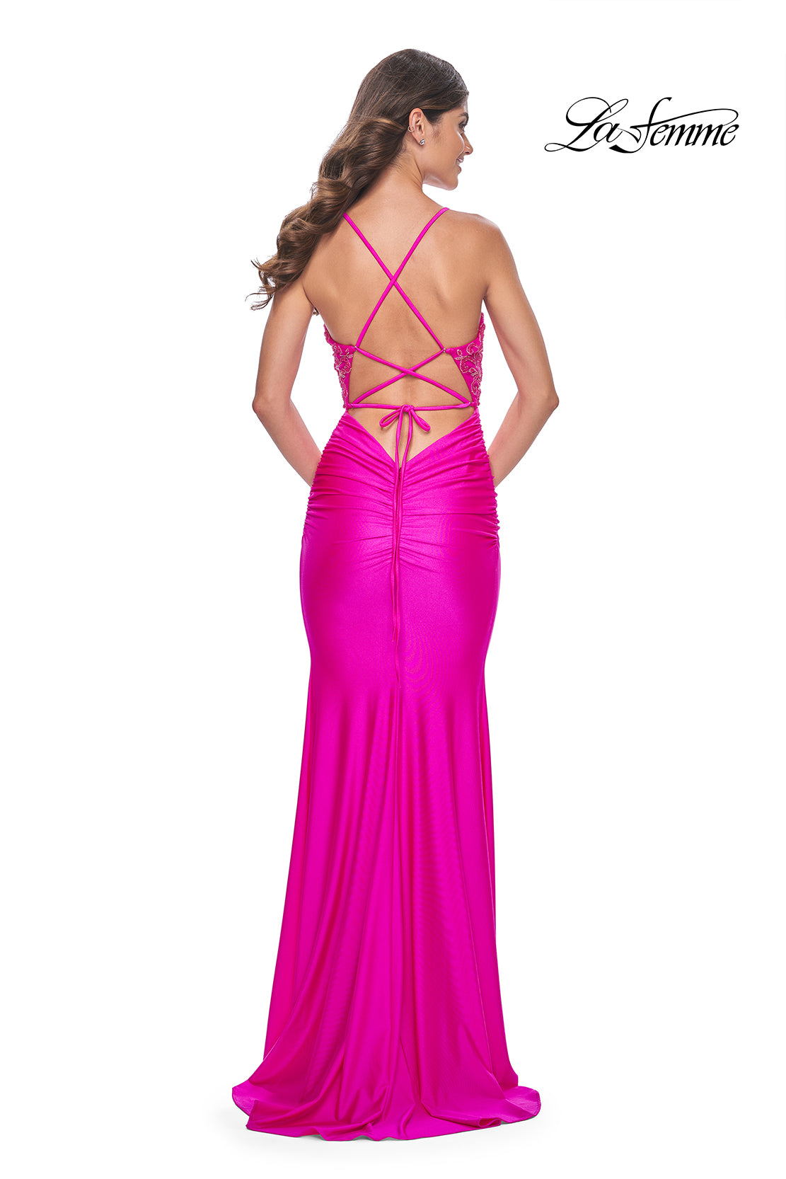La-Femme-32324-V-Neck-Neckline-Criss-Cross-Back-Ruched-Beaded-Swim-Jersey-Fitted-Hot-Fuchsia-Evening-Dress-B-Chic-Fashions-Prom_-Dress