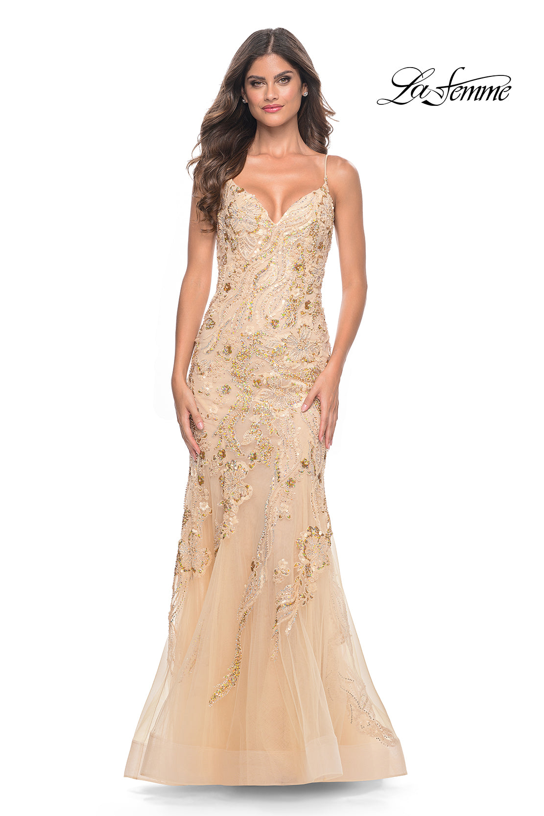 La Femme 32333 V-Neck Neckline Zipper Back Corset Sequin Lace Fitted Evening Dress B Chic Fashions Long Dress Evening Gowns