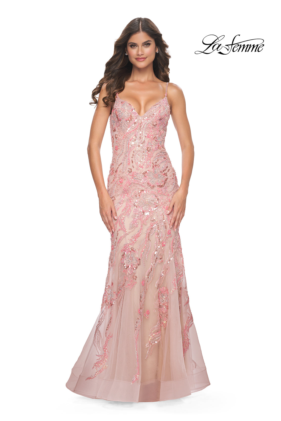 La Femme 32333 V-Neck Neckline Zipper Back Corset Sequin Lace Fitted Evening Dress B Chic Fashions Long Dress Evening Gowns