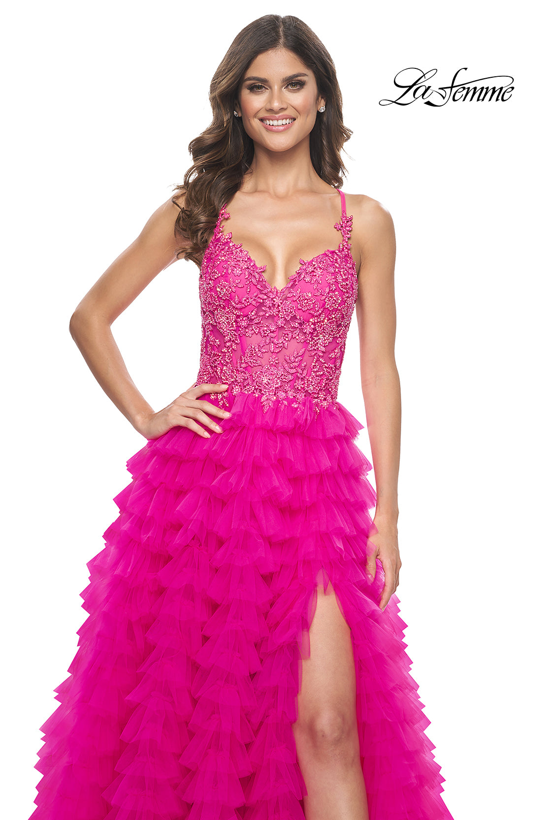 La-Femme-32334-V-Neck-Neckline-Lace-up-Back-High-SlitLace-Tulle-Ball-Gowns-HotFuchsia-Evening-Dress-B-Chic-Fashions-Prom_Dress