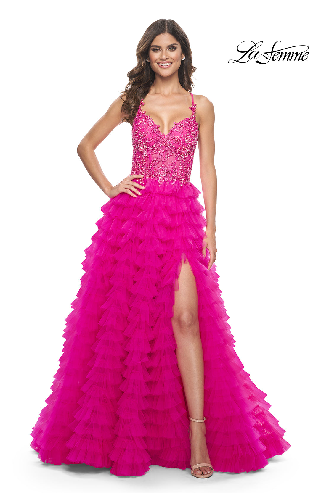 La-Femme-32334-V-Neck-Neckline-Lace-up-Back-High-SlitLace-Tulle-Ball-Gowns-HotFuchsia-Evening-Dress-B-Chic-Fashions-Prom_Dress